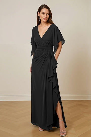 Dark Green Ruched Mother of the Bride Dress with Flutter Sleeves